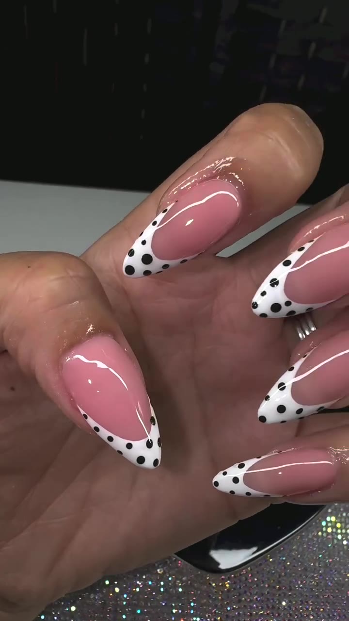 Long stiletto French set with black polka dots