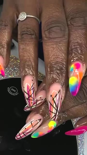Long almond set with neon airbrush and black line art
