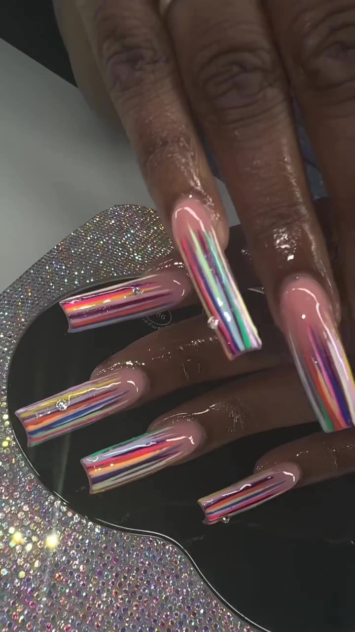 Extra-long square acrylic set with multicolor stripes
